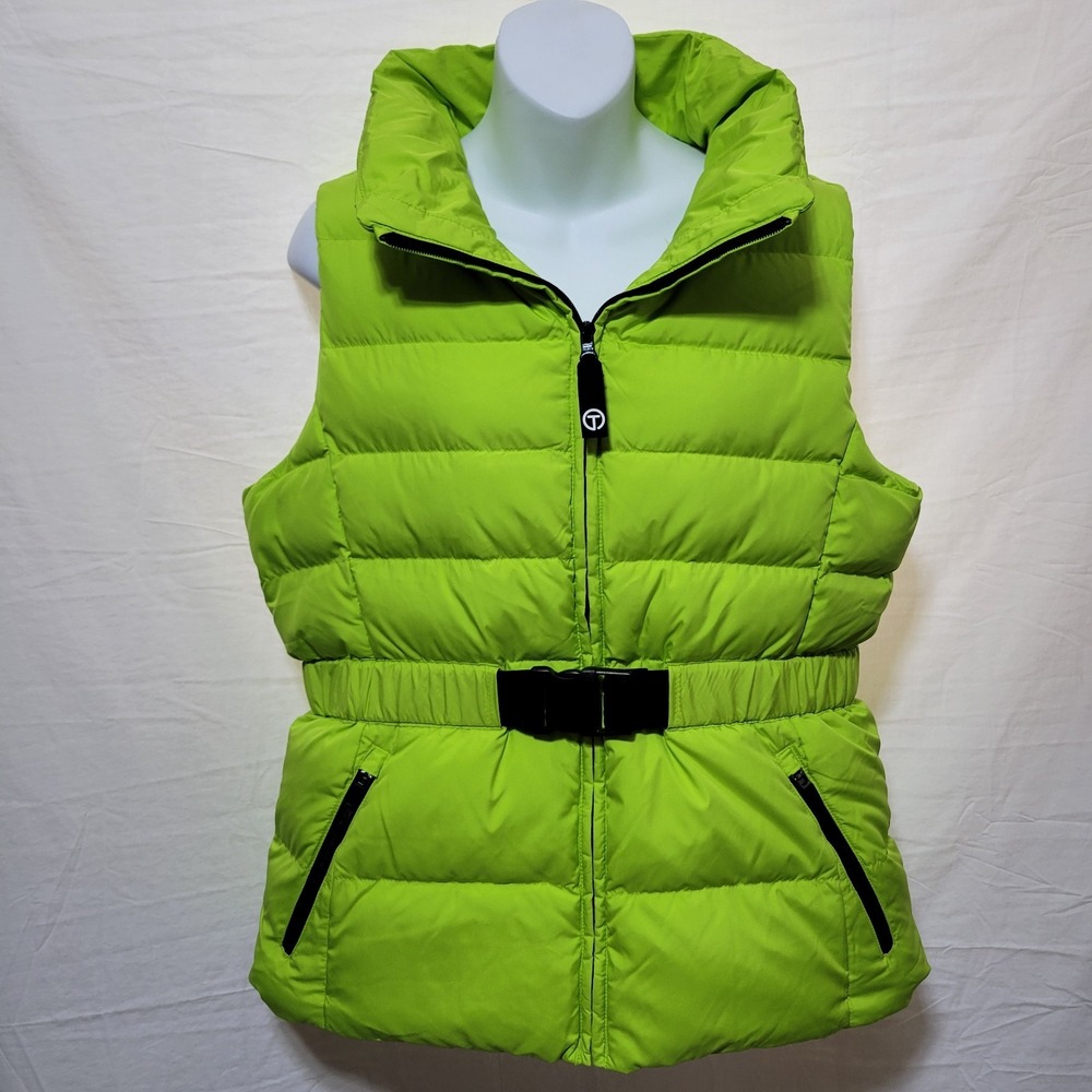 T by Talbots Vest Womens Large Petite Green Down Puffer Belted Full Zip Pockets